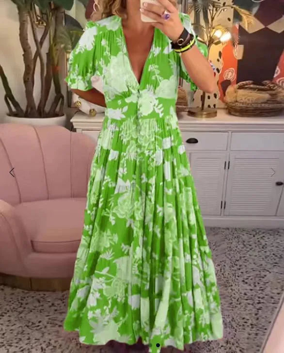 V-neck Floral Loose Maxi Dress