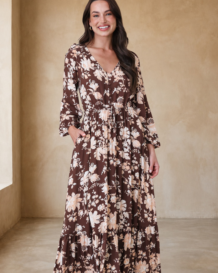 Ali Maxi Dress - V Neck Pull Tie Waist Tiered Dress in Hollis Print Brown