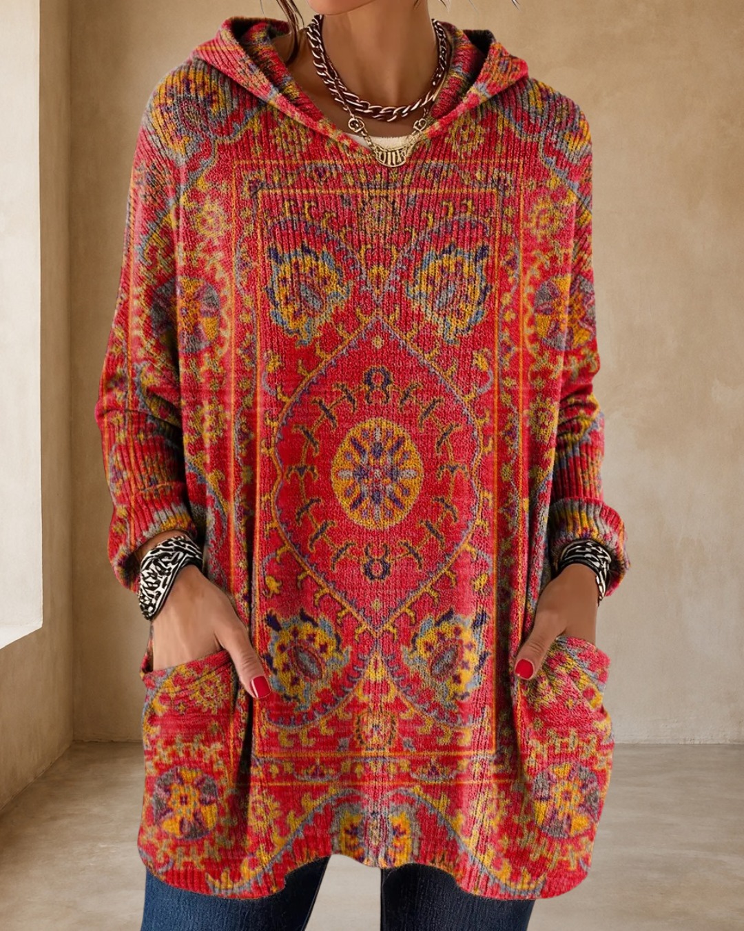 Maya | Retro Ethnic Print Hooded Knit Tunic with Pockets