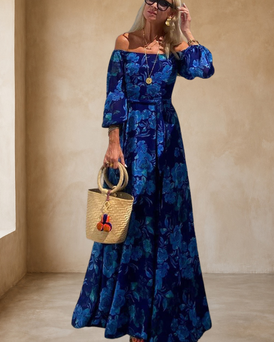 Luna™ | Long Floral Print Dress with Off-the-Shoulder Sleeves