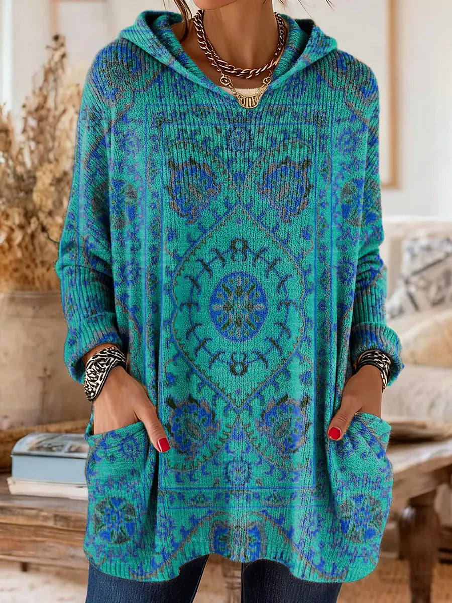 Maya | Retro Ethnic Print Hooded Knit Tunic with Pockets