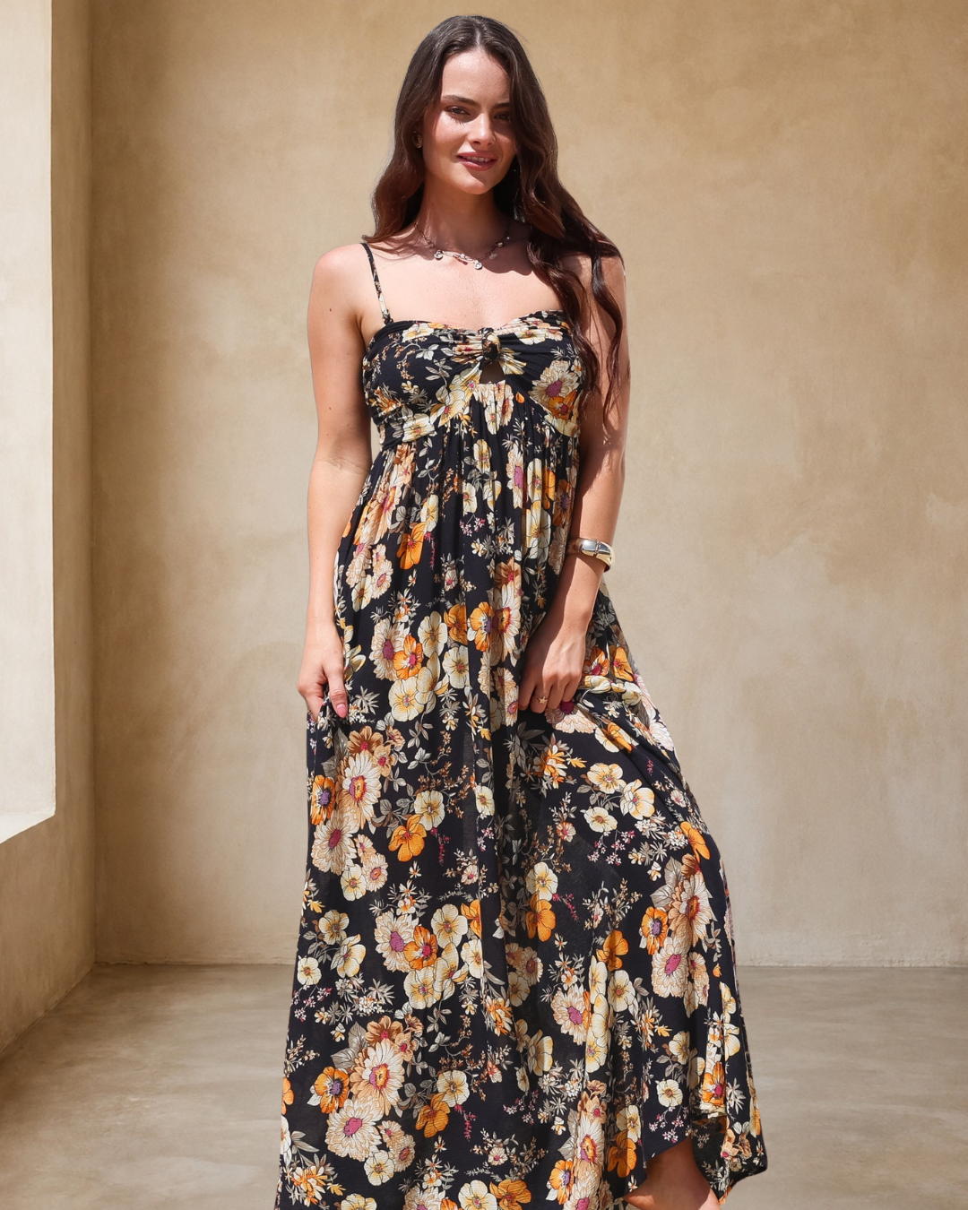 Moira Maxi Dress - Twist Front Keyhole Detail Sun Dress with Optional Straps in Autumn Print