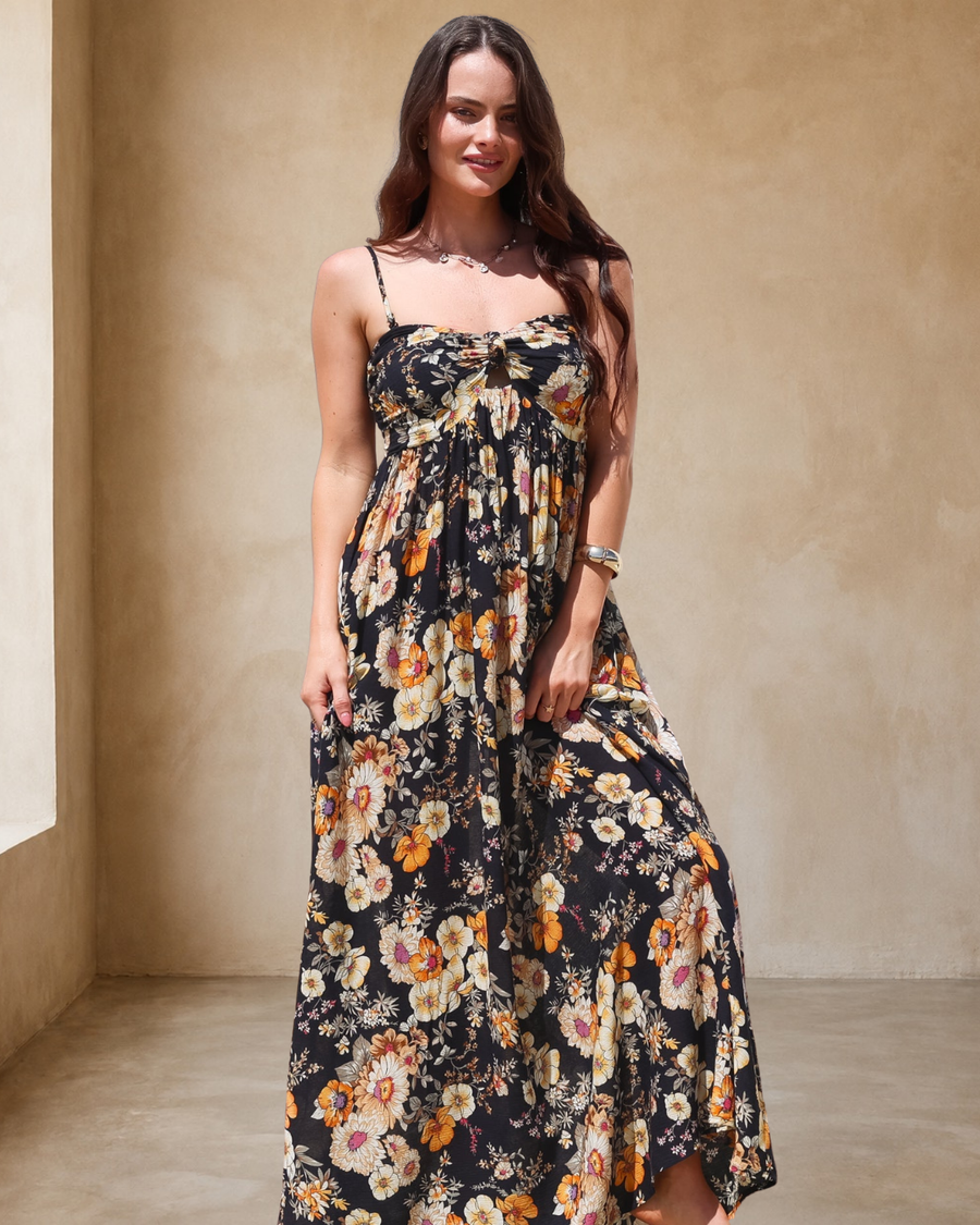 Moira Maxi Dress - Twist Front Keyhole Detail Sun Dress with Optional Straps in Autumn Print