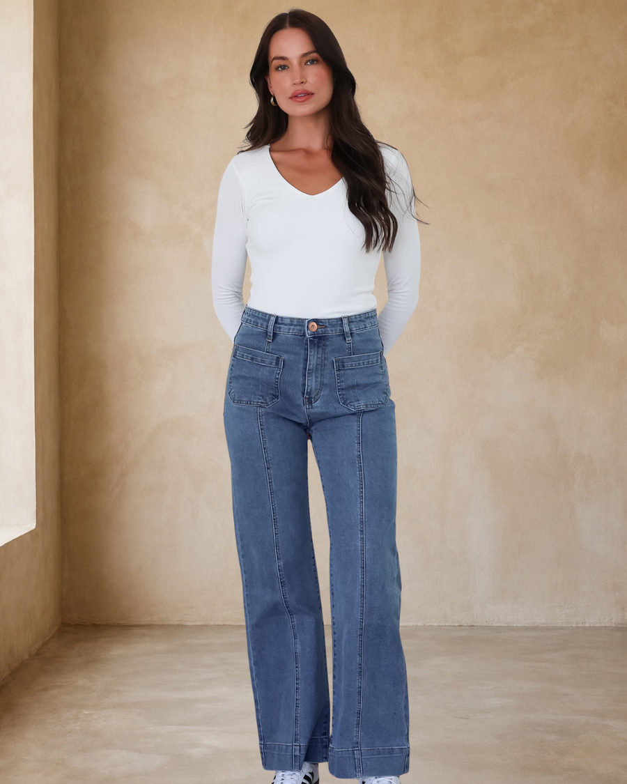 Marsha Jeans - High Waisted Wide Leg Jean with Front Seam Detail in Mid Denim Wash