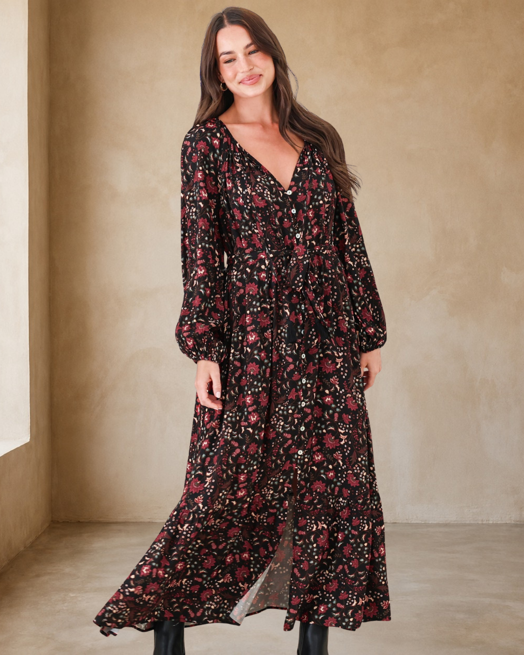 Maury Maxi Dress - V Neck Button Down Dress with Waist Tie in Nanushka Print