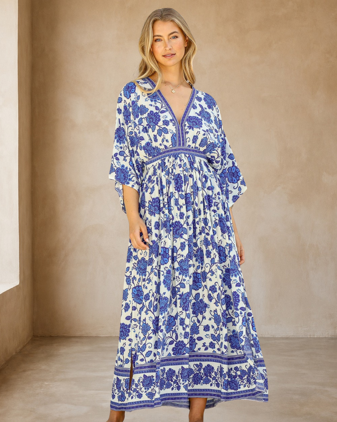 Zelle Maxi Dress - V Neck Batwing Sleeve Dress with Side Splits in Kailin Print Blue