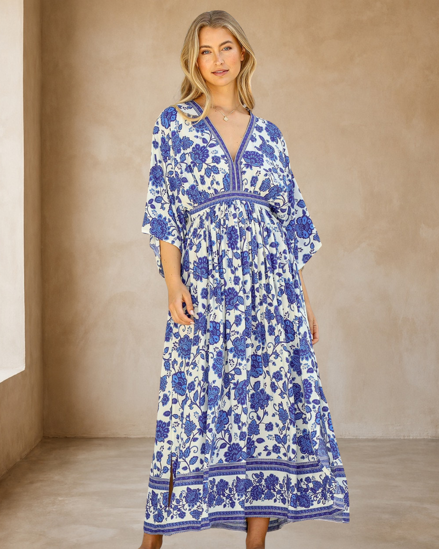Zelle Maxi Dress - V Neck Batwing Sleeve Dress with Side Splits in Kailin Print Blue