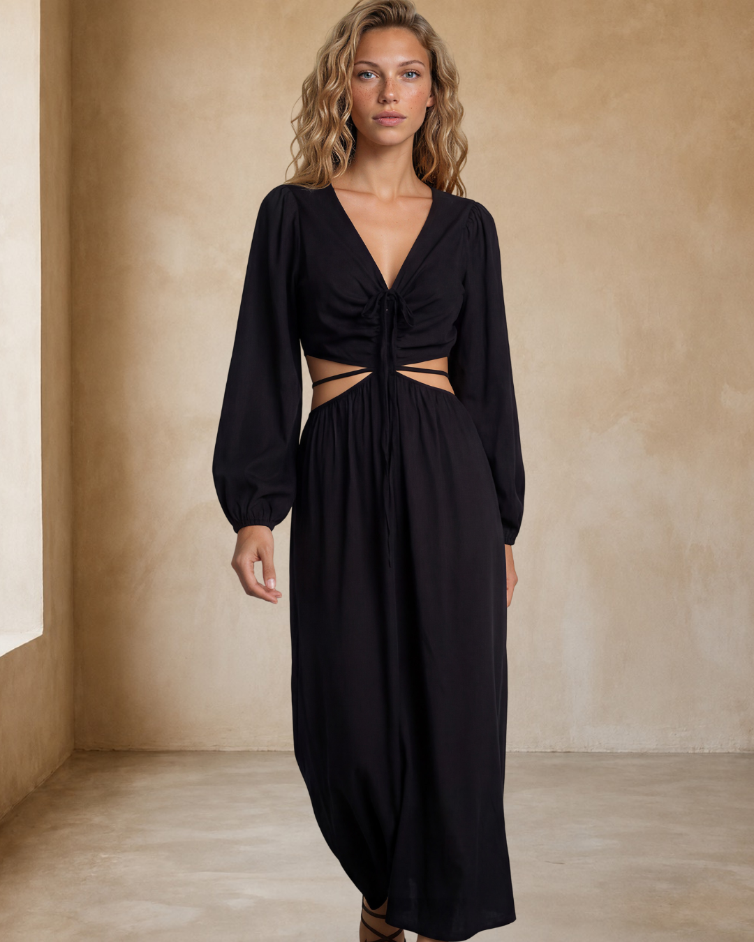 Mackenzie Maxi Dress - Deep V Neckline Dress With Cut Out Waist Detail in Black