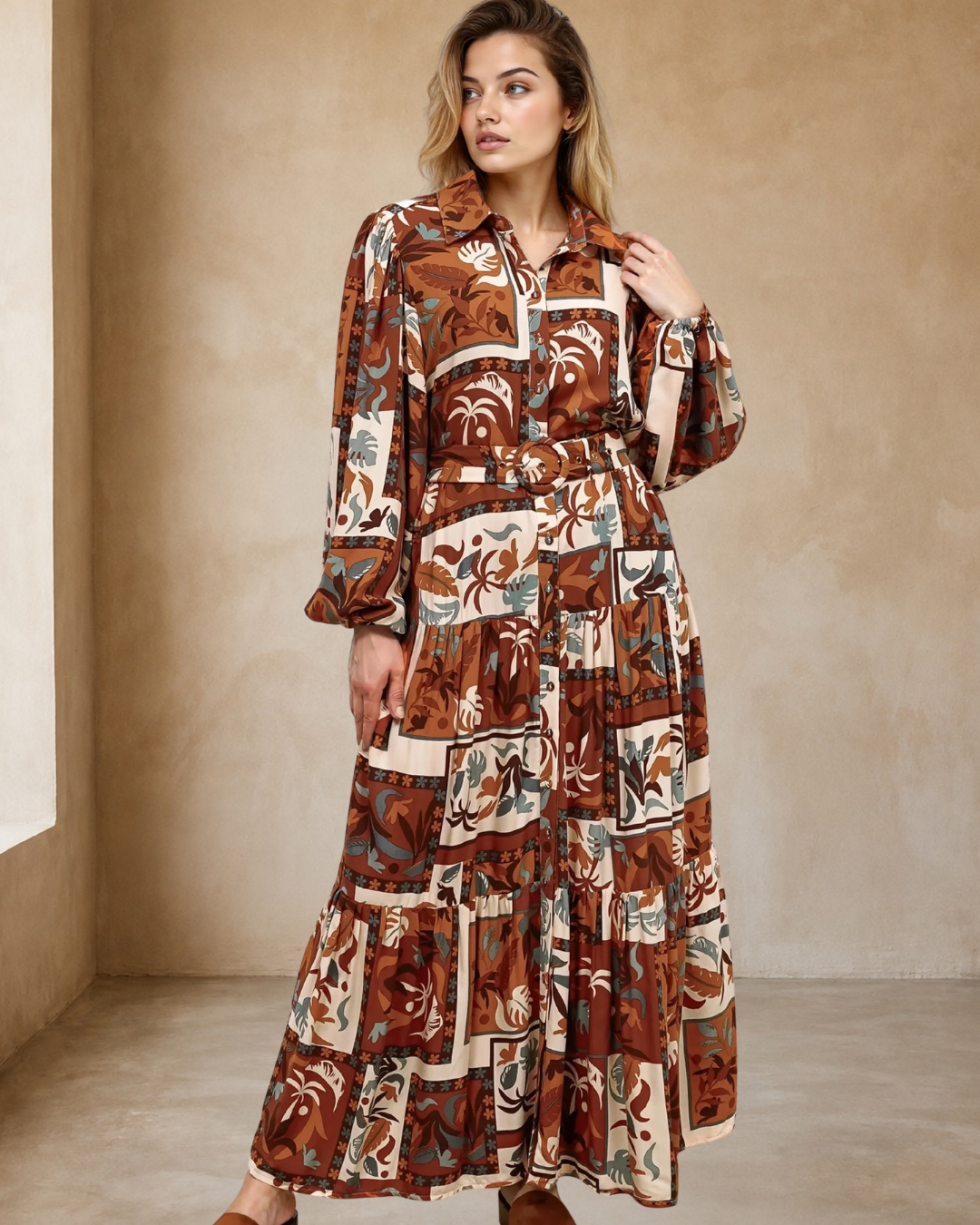 Luxley Maxi Dress - Collared Button Down Shirt Dress with Matching Belt in Jaya Muse Print