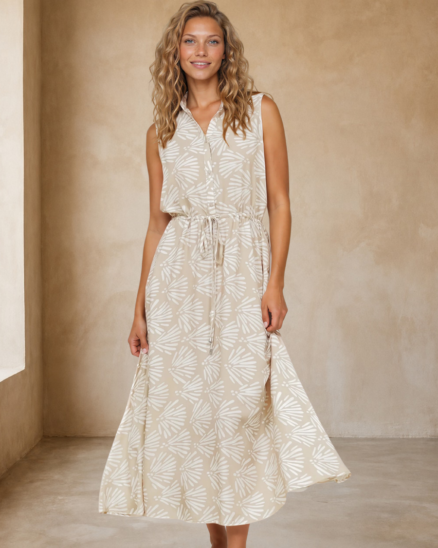 Danika Maxi Dress - Sleeveless Shirt Dress with Pull Waist Tie in Catia Print Beige