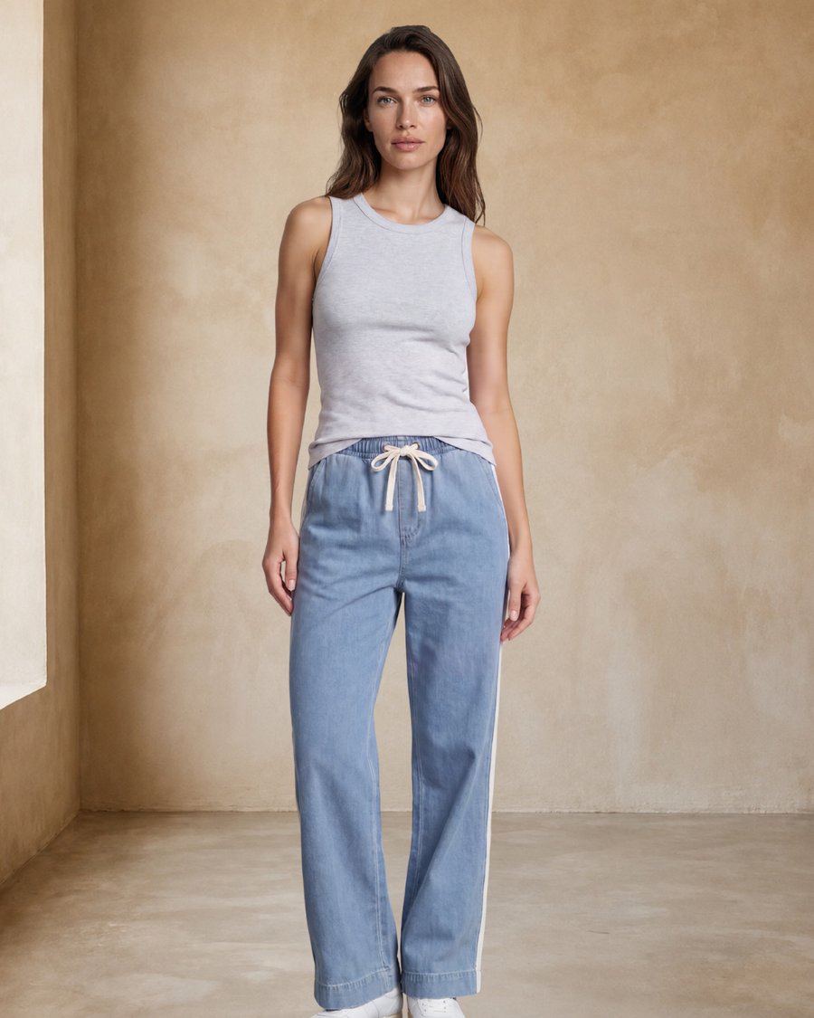 Jakoda Jeans - Elasticated High Waisted Denim Pants with Contrast Stripe in Light Denim