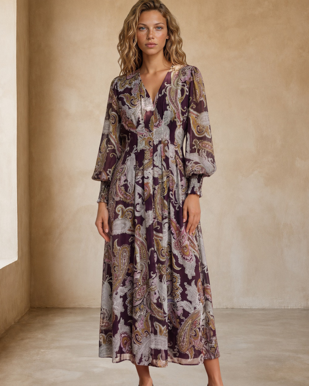 Vinia Maxi Dress - V Neckline Dress with Long Balloon Sleeves in Woodstock Print