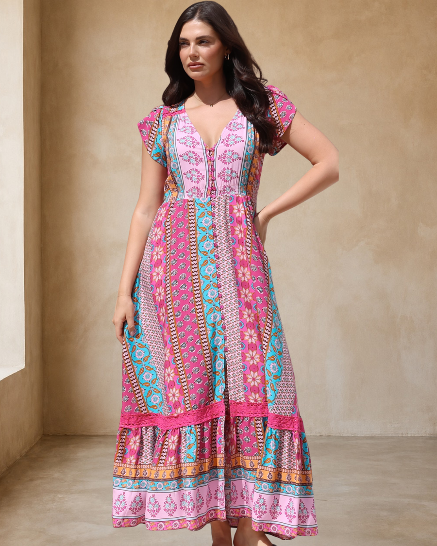 JAASE - Carmen Maxi Dress: Butterfly Cap Sleeve Button Down A Line Dress with Lace Trim in Cedella Print