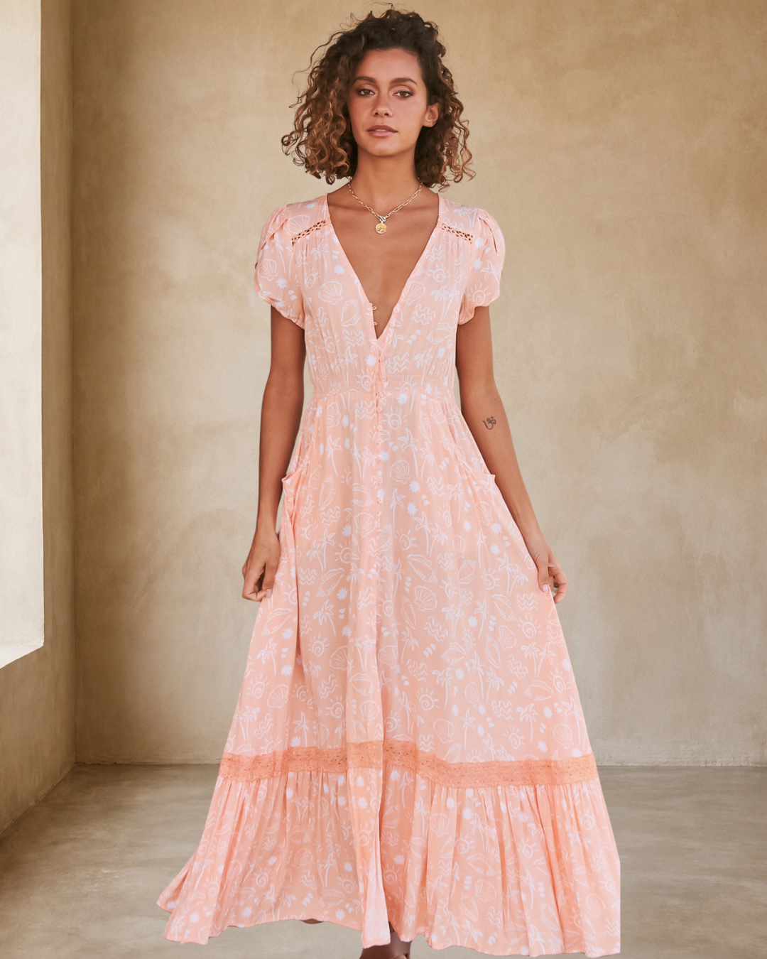 JAASE - Carmen Maxi Dress: Butterfly Cap Sleeve Button Down A Line Dress with Lace Trim in Peach Island Print