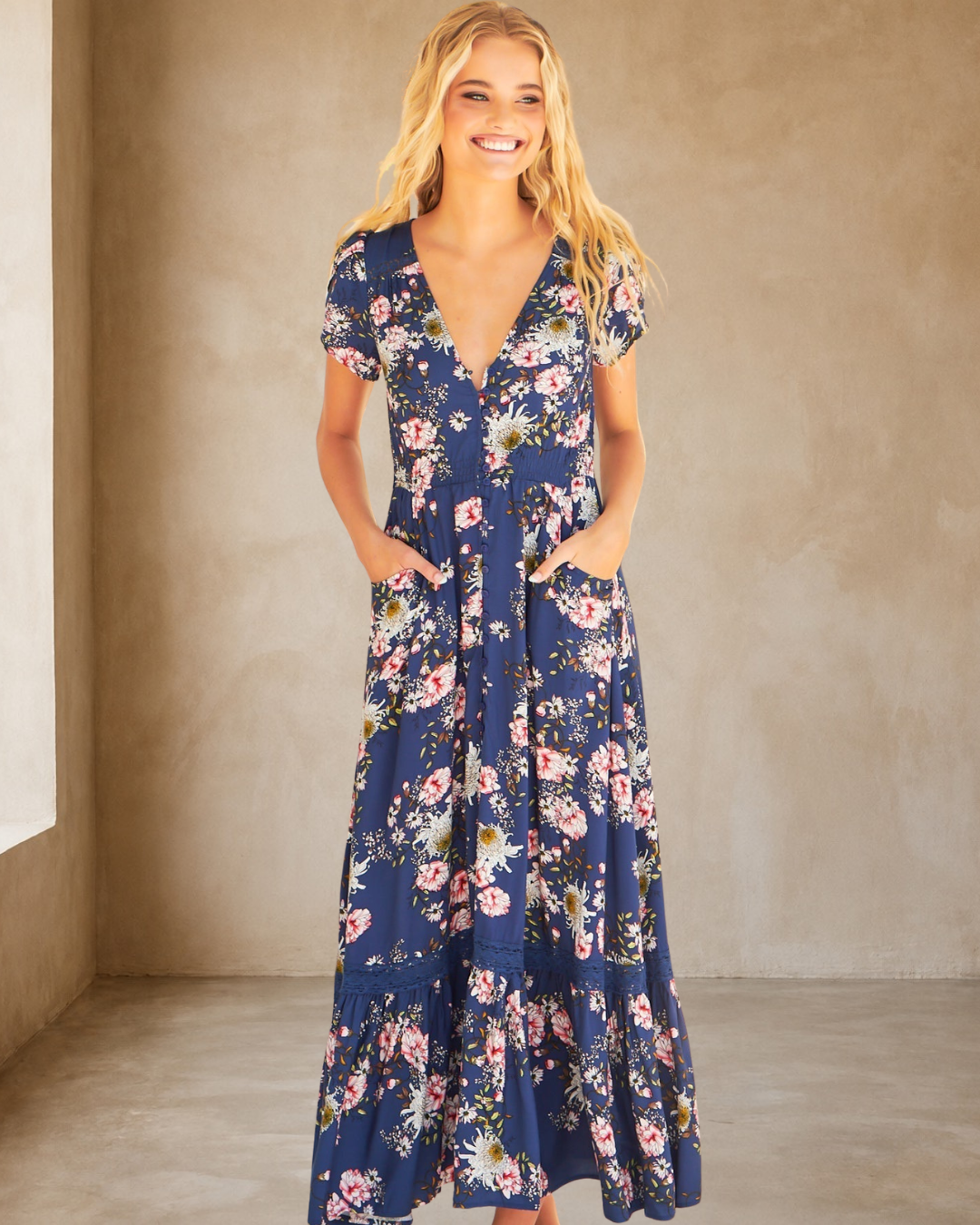 JAASE - Carmen Maxi Dress: Butterfly Cap Sleeve Button Down A Line Dress with Lace Trim in Piana Print