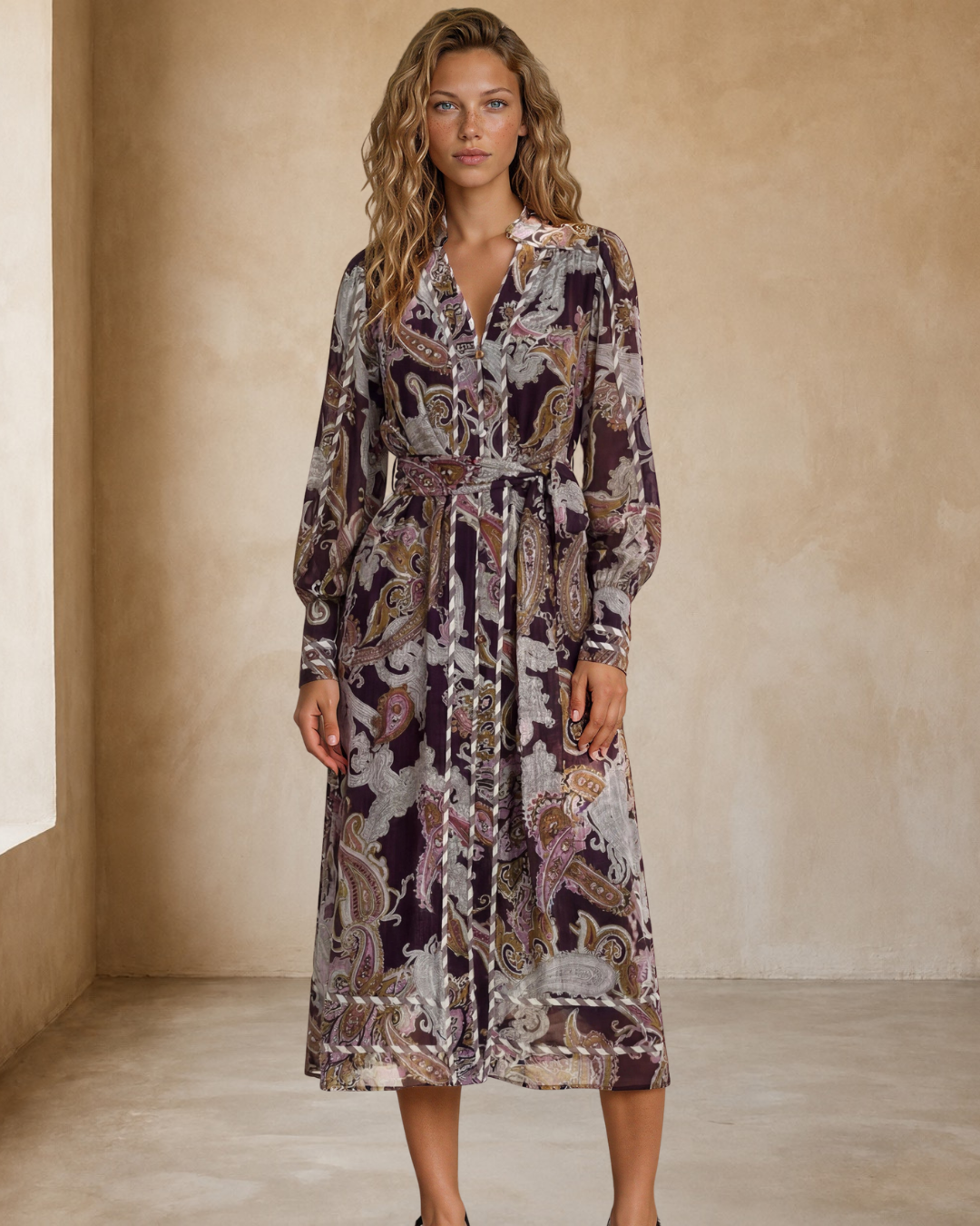 Lavinia Maxi Dress  - Mandarin Collar with Long Balloon Sleeves in Woodstock Print