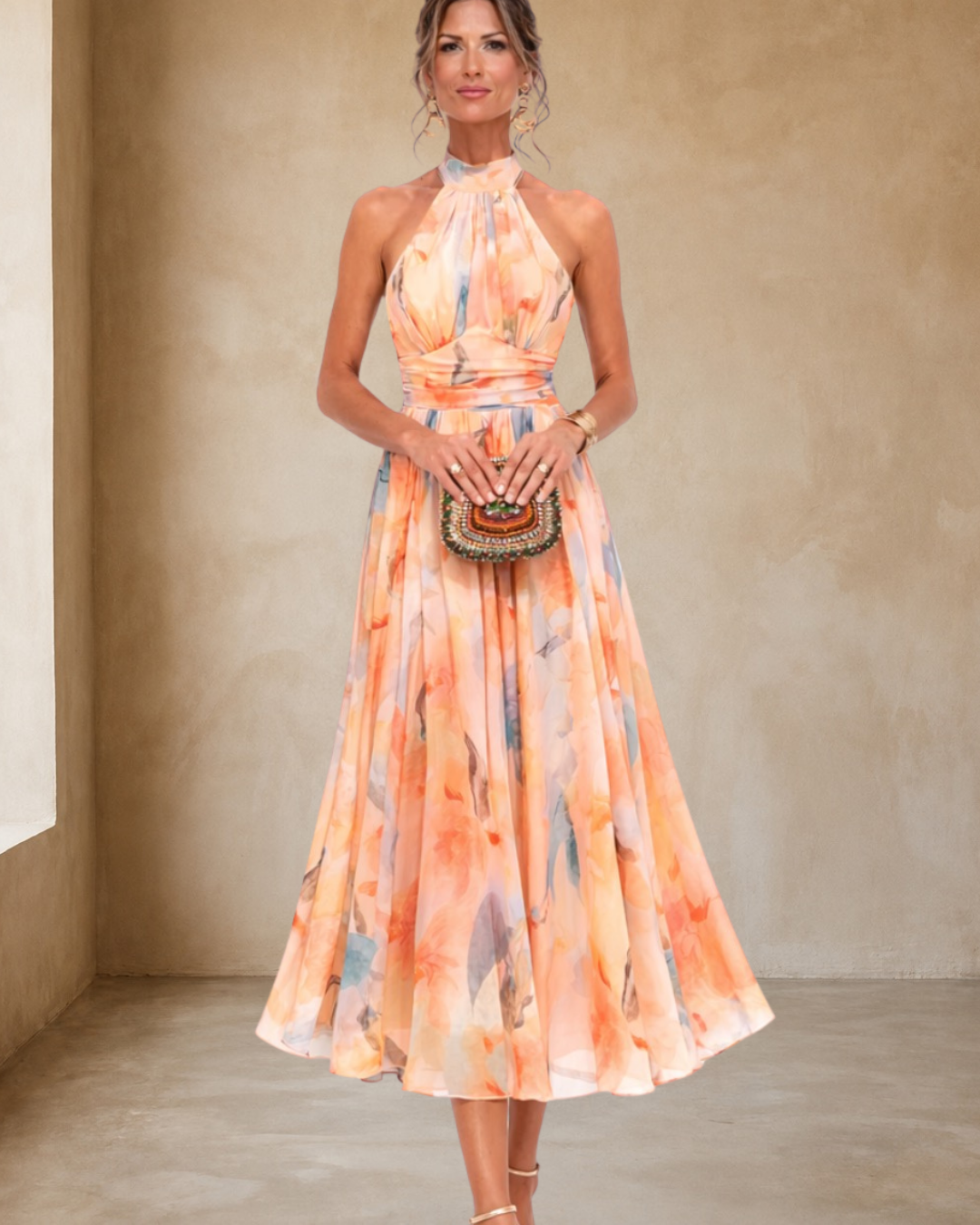 Aurora | Halter Neck Dress with Watercolor Print