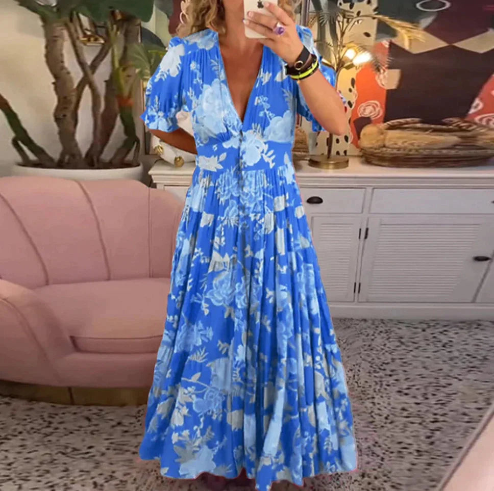 V-neck Floral Loose Maxi Dress