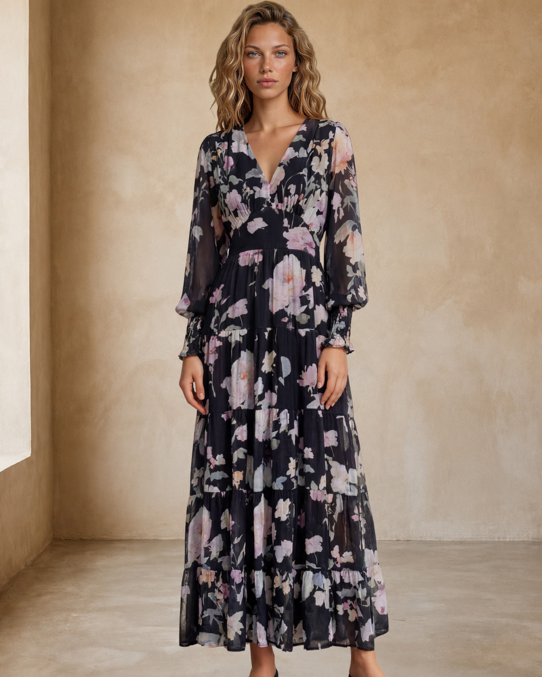 JAASE - Carmen Maxi Dress: Butterfly Cap Sleeve Button Down A Line Dress with Lace Trim in Under the Stars Print