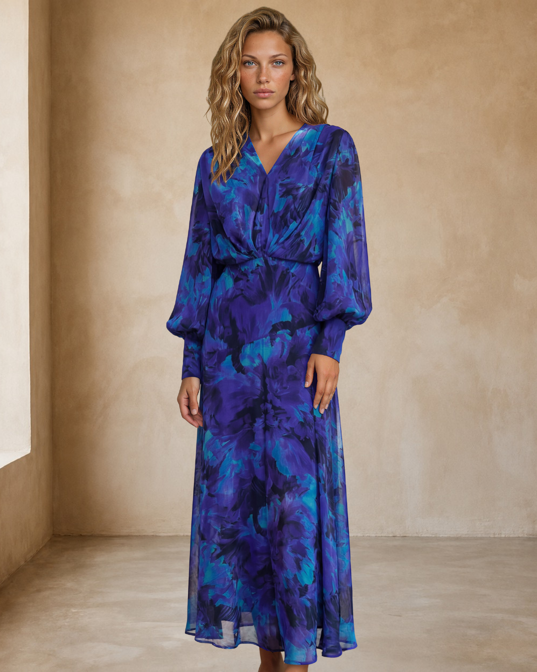 Azura Maxi Dress - V-Neckline Dress with Long Shirred Sleeves in Bluebell Print