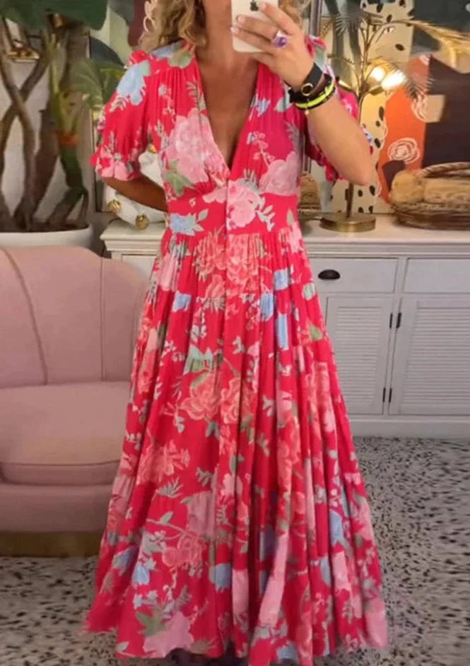 V-neck Floral Loose Maxi Dress