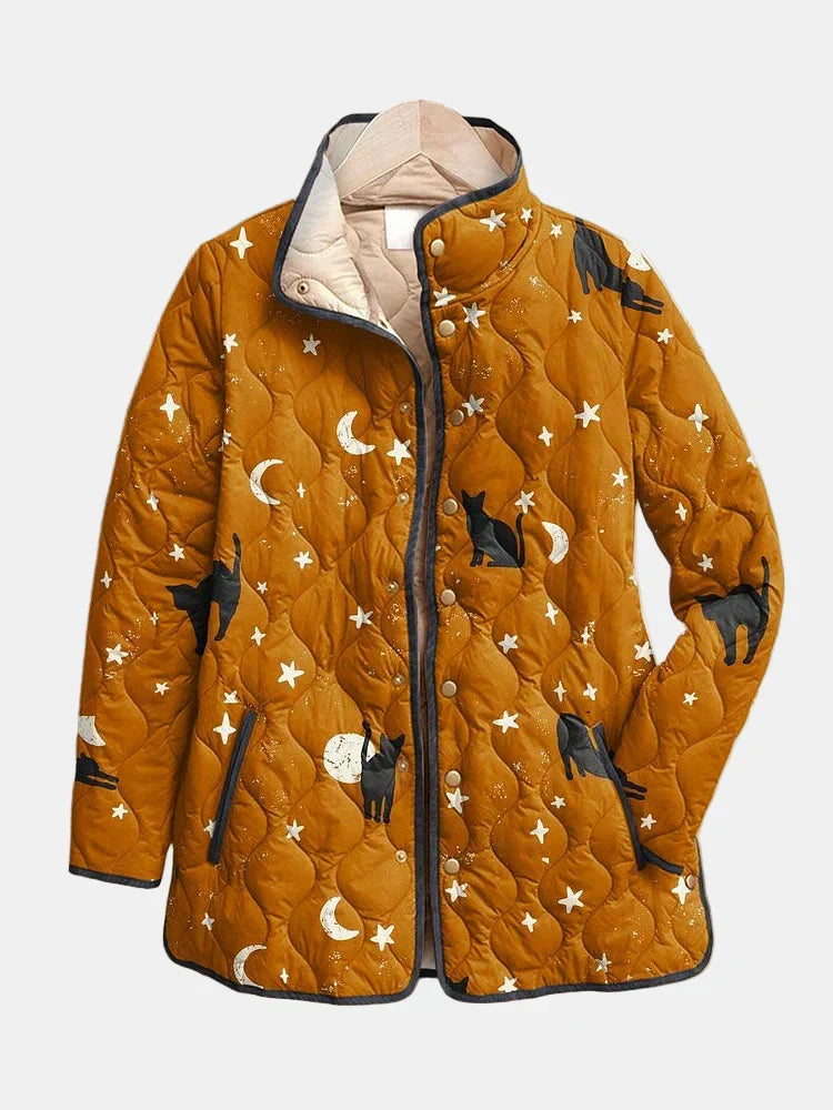 Eira | Casual Black Cat Halloween Print Quilted Jacket — Final Edit