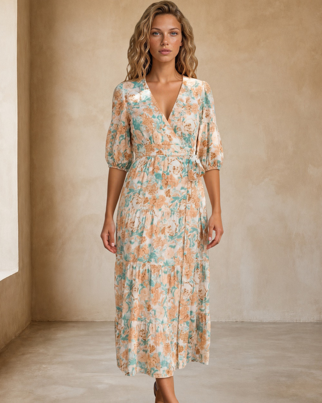 Thianna Wrap Maxi Dress - V Neck 3/4 Sleeve Tiered Wrap Dress in Begonia Print