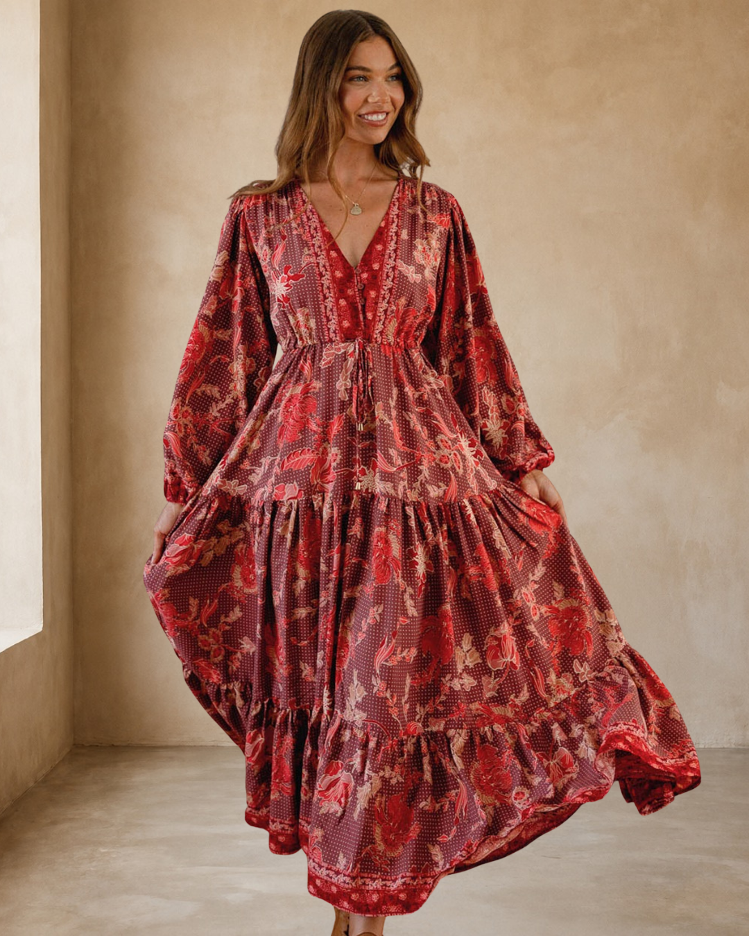 JAASE - Teresa Maxi Dress: A Line Dress with Long Balloon Sleeves in Ziggy Print