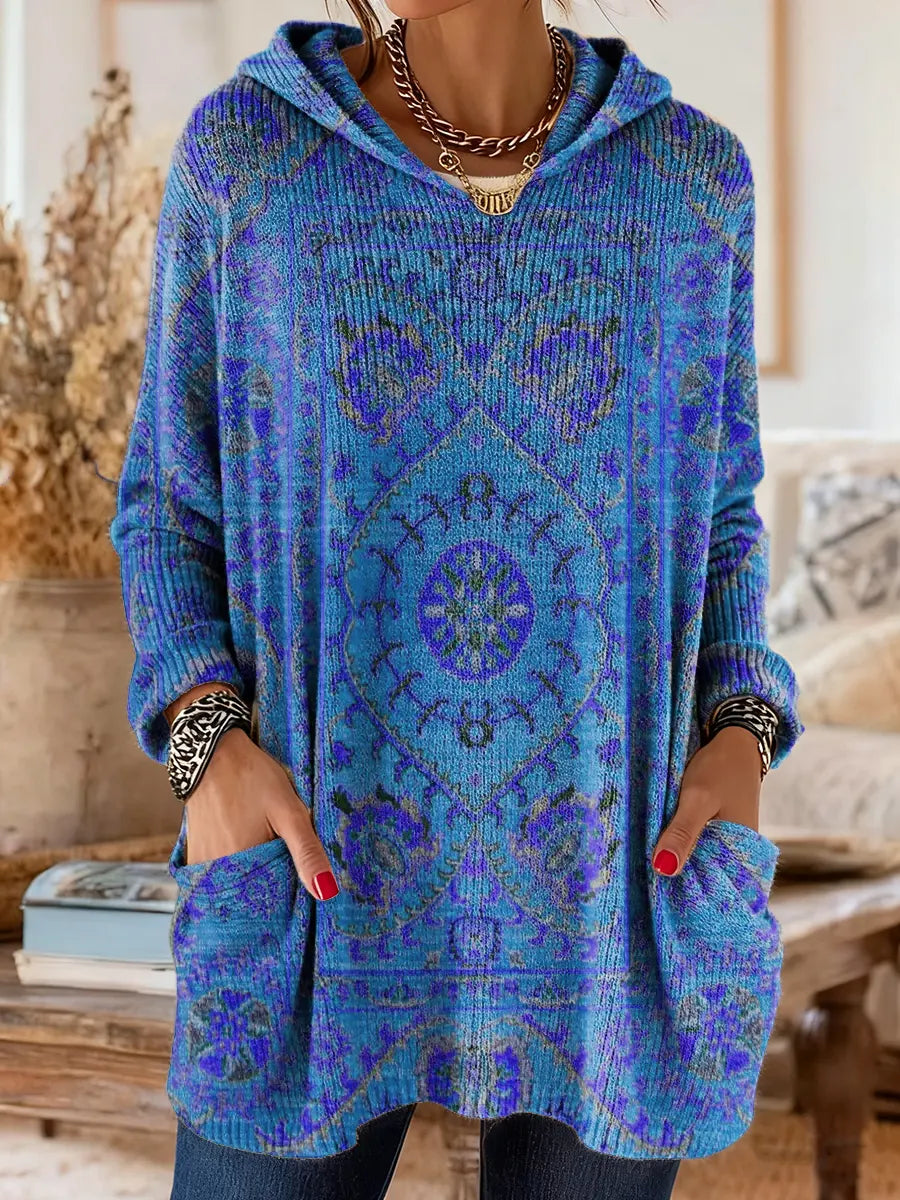 Maya | Retro Ethnic Print Hooded Knit Tunic with Pockets