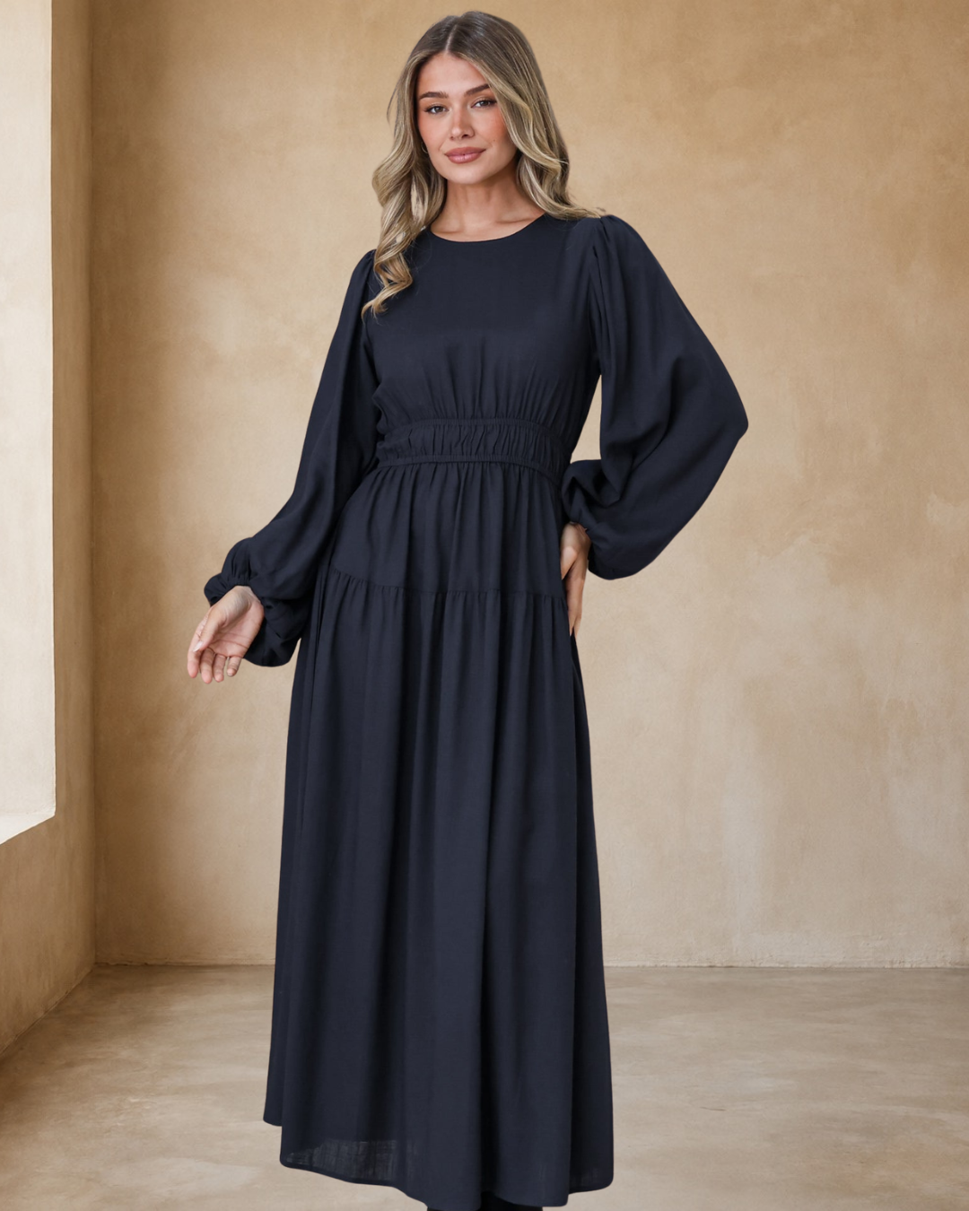 Sheyne Maxi Dress - Long Balloon Sleeve Elasicated Waist A Line Dress in Navy