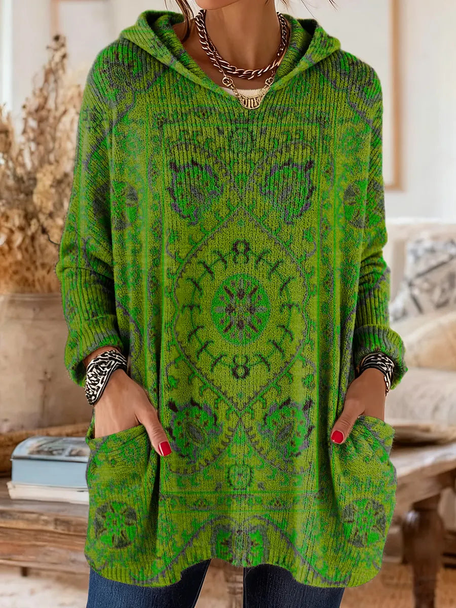 Maya | Retro Ethnic Print Hooded Knit Tunic with Pockets