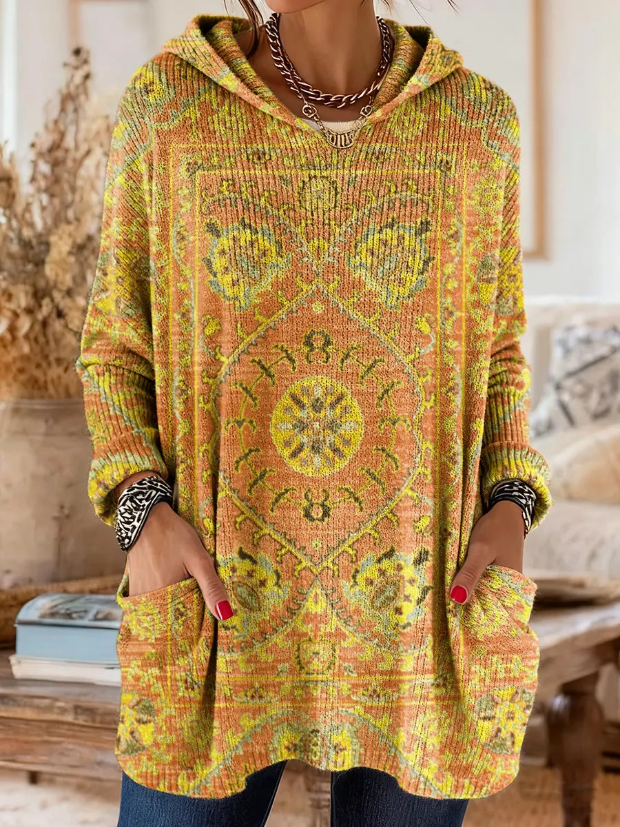 Maya | Retro Ethnic Print Hooded Knit Tunic with Pockets