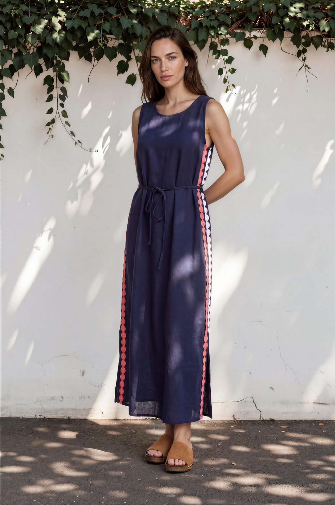 Amali Maxi Dress - Scoop Neck Shift Dress with Waist Tie and Playful Contrast Stripes in Navy