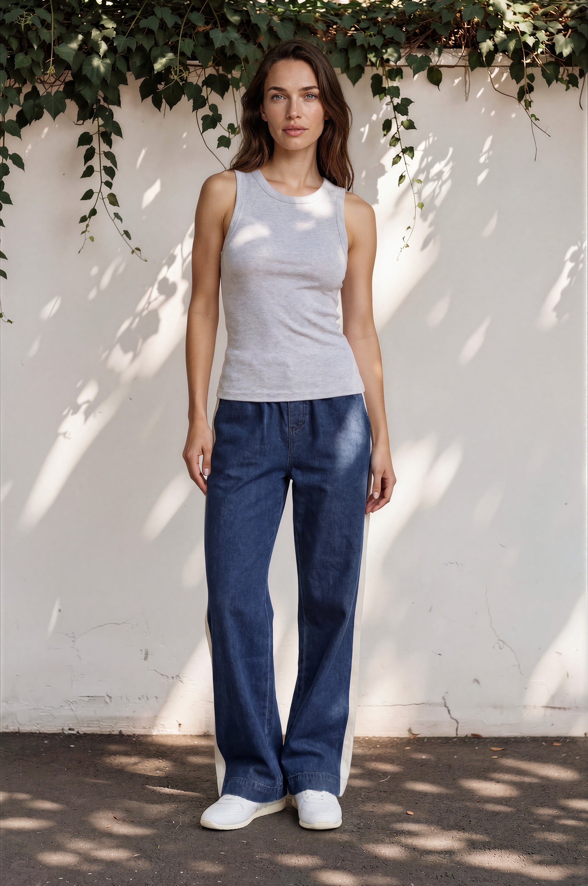 Jakoda Jeans - Elasticated High Waisted Denim Pants with Contrast Stripe in Dark Denim