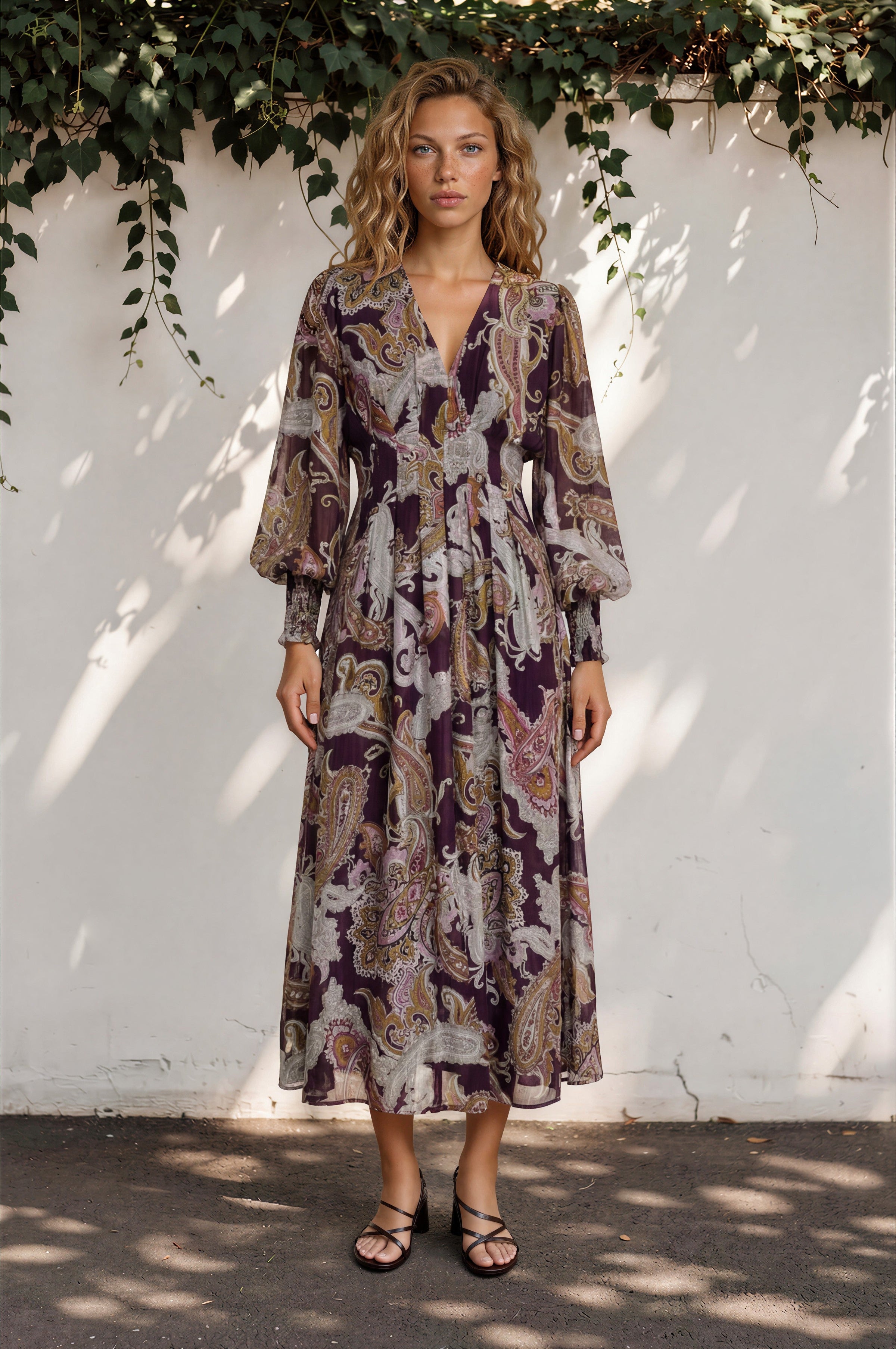 Vinia Maxi Dress - V Neckline Dress with Long Balloon Sleeves in Woodstock Print