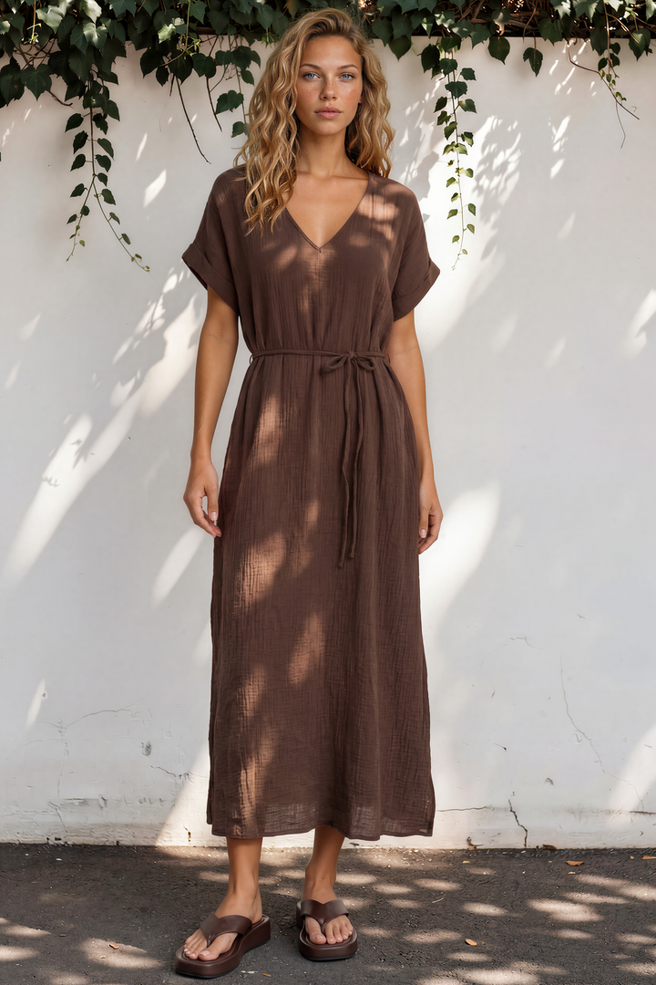 Emelia Maxi Dress - V-Neckline Dress with Short Folded Sleeves in Chocolate