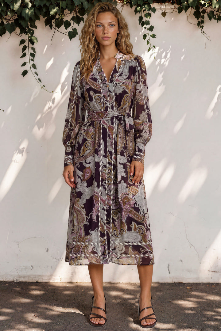 Lavinia Maxi Dress  - Mandarin Collar with Long Balloon Sleeves in Woodstock Print
