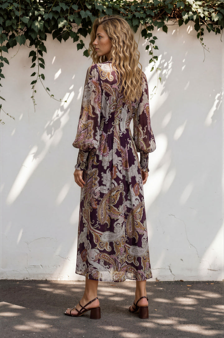 Vinia Maxi Dress - V Neckline Dress with Long Balloon Sleeves in Woodstock Print