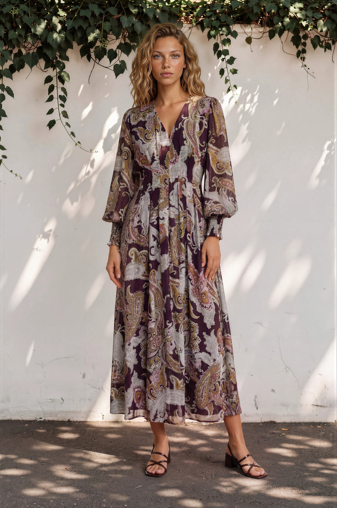 Vinia Maxi Dress - V Neckline Dress with Long Balloon Sleeves in Woodstock Print