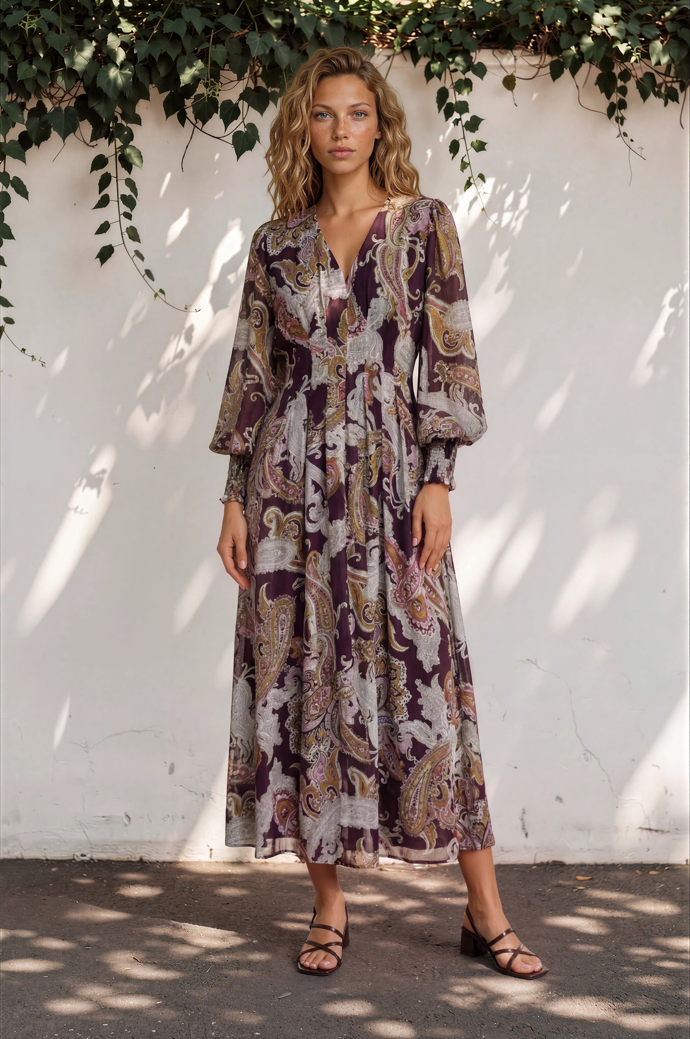 Vinia Maxi Dress - V Neckline Dress with Long Balloon Sleeves in Woodstock Print