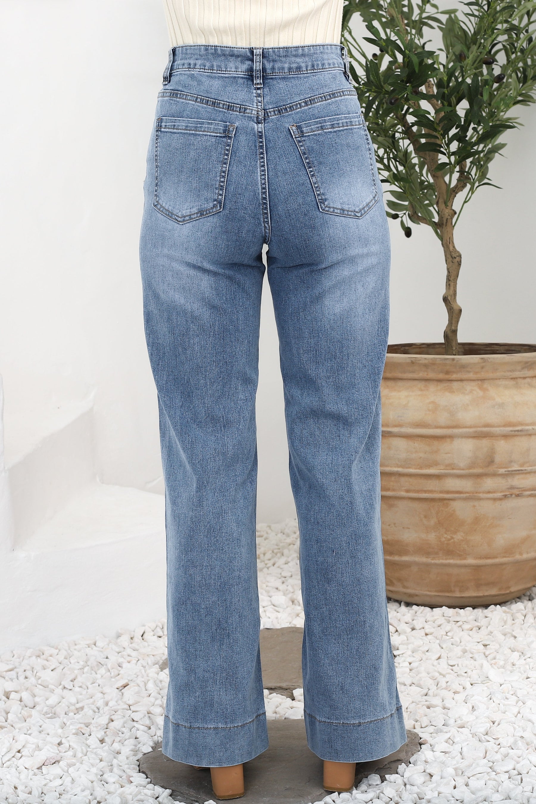 Cindy Wide Leg Jeans in Stone Wash Denim