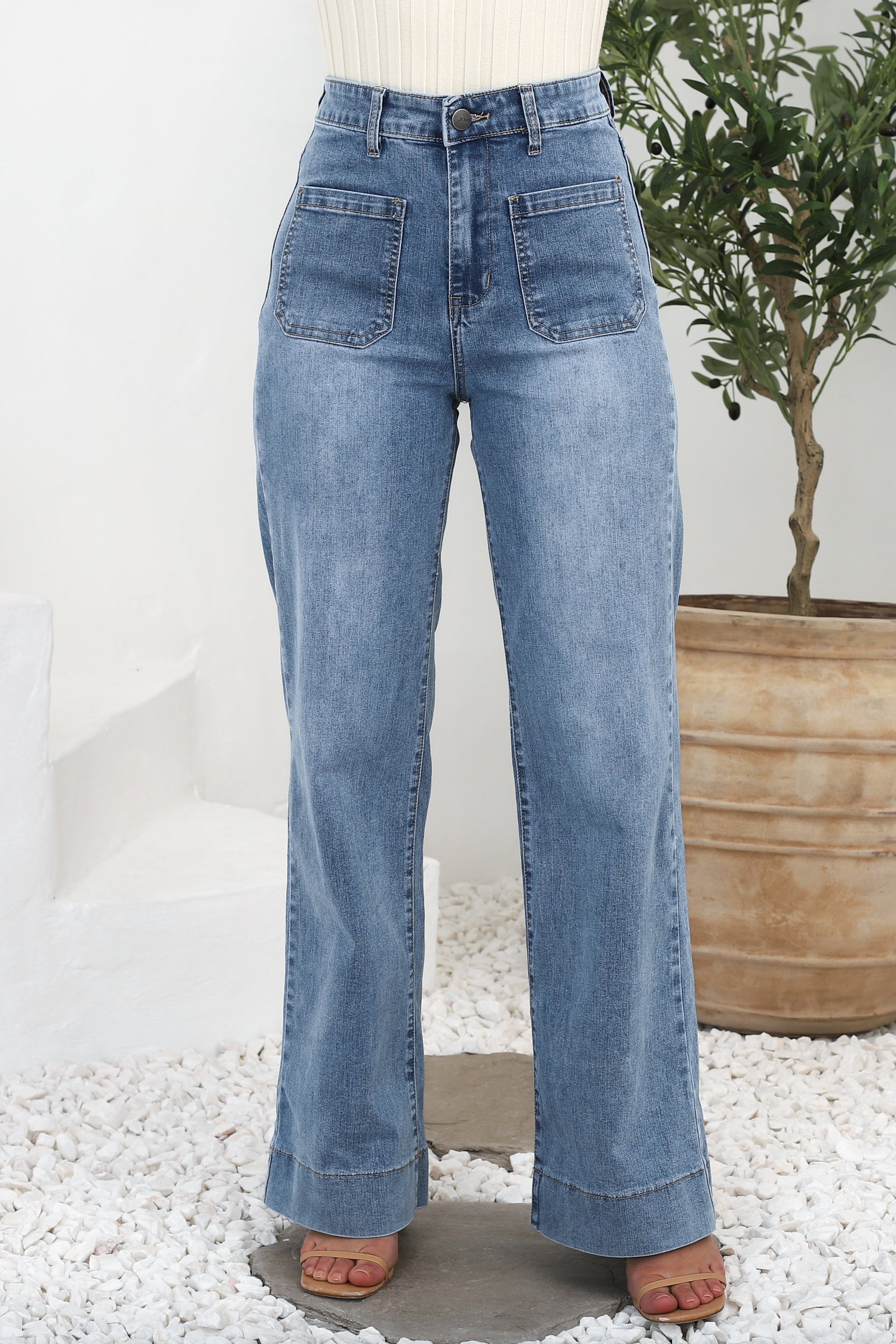 Cindy Wide Leg Jeans in Stone Wash Denim