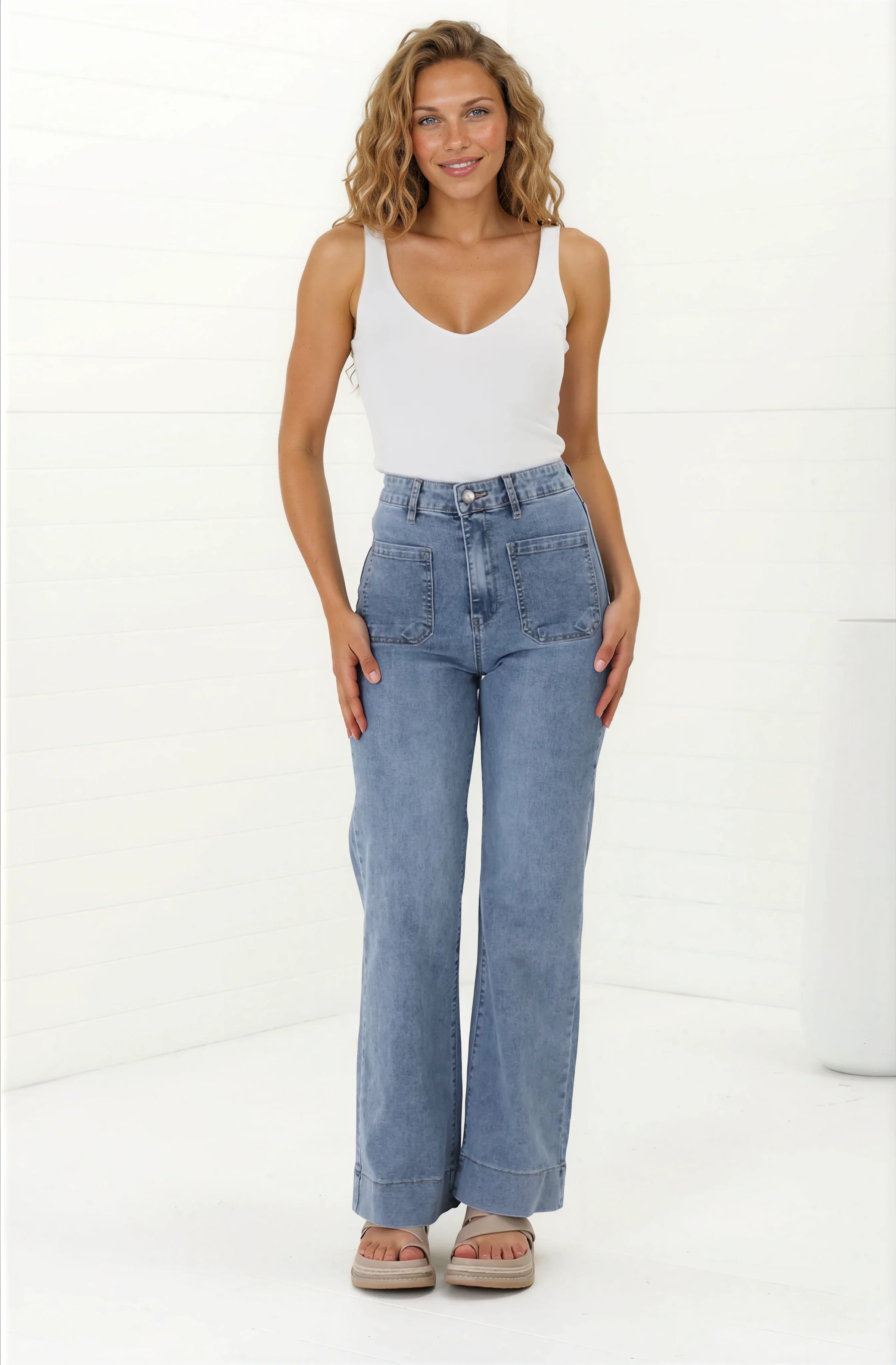 Cindy Wide Leg Jeans in Stone Wash Denim