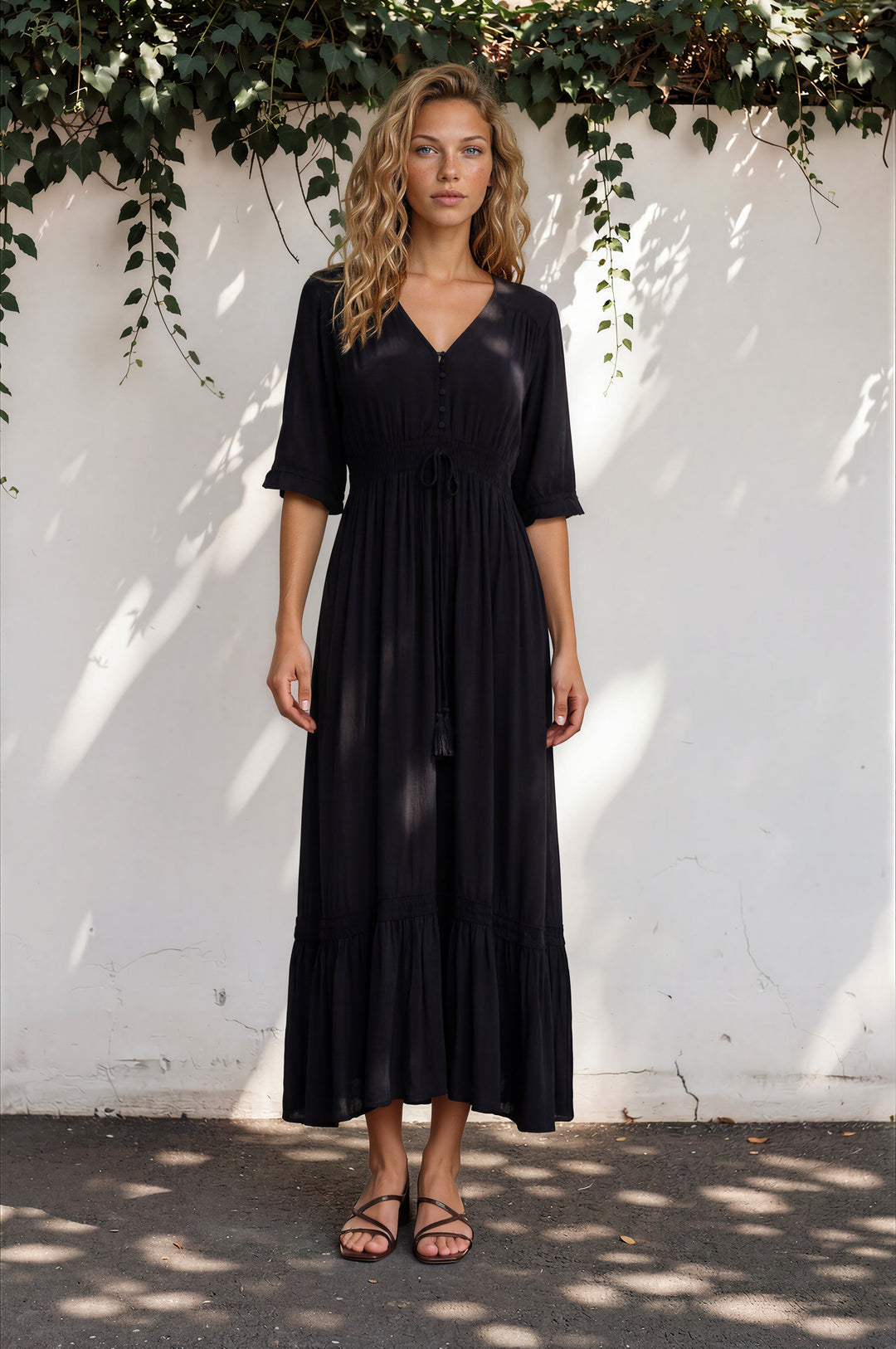 Kiaba Maxi Dress - V-Neck Buttoned Bodice 3/4 Sleeve A-Line Dress with Lace Inserts in Black