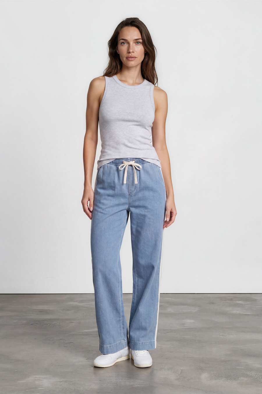 Jakoda Jeans - Elasticated High Waisted Denim Pants with Contrast Stripe in Light Denim