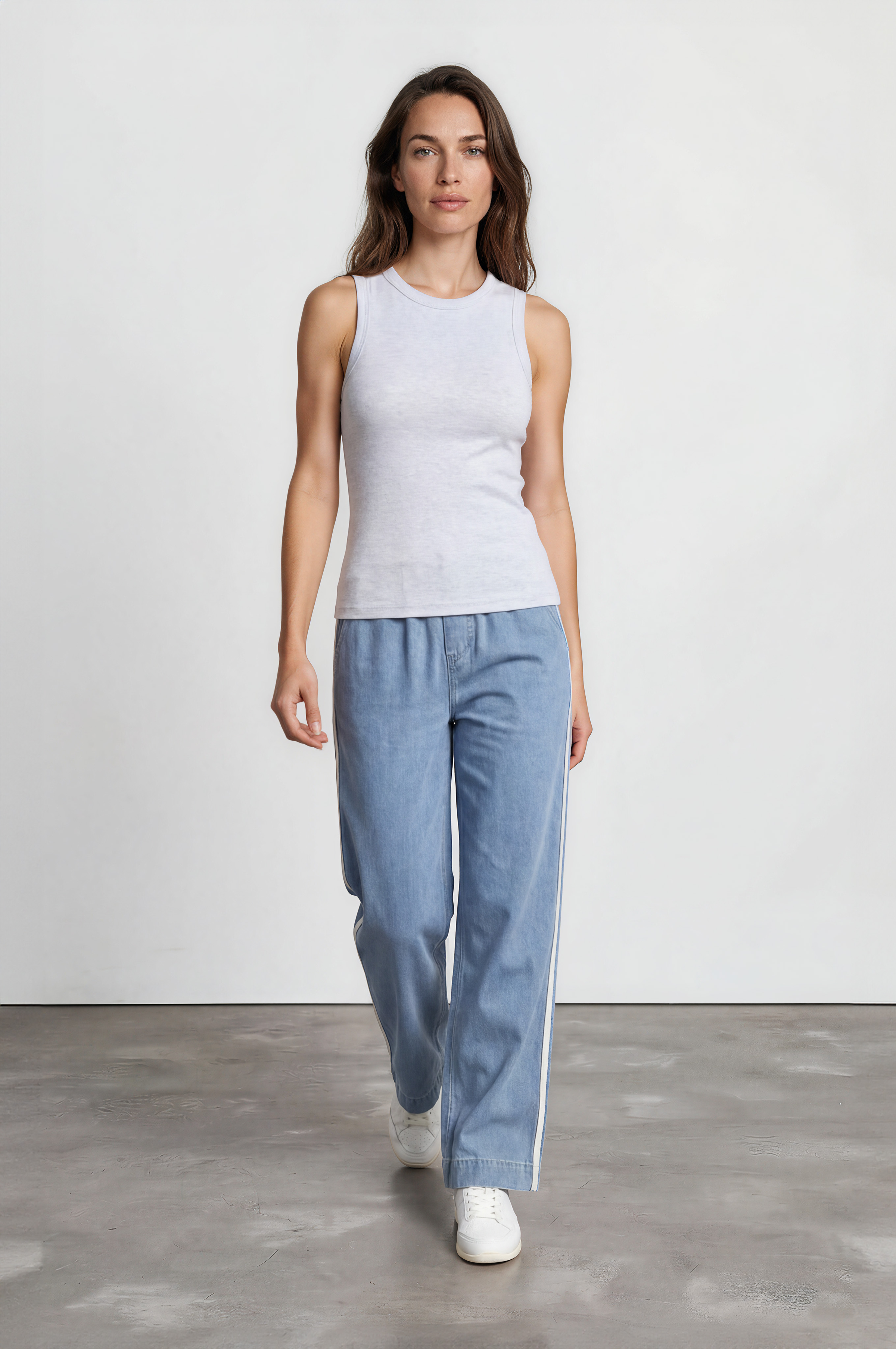 Jakoda Jeans - Elasticated High Waisted Denim Pants with Contrast Stripe in Light Denim