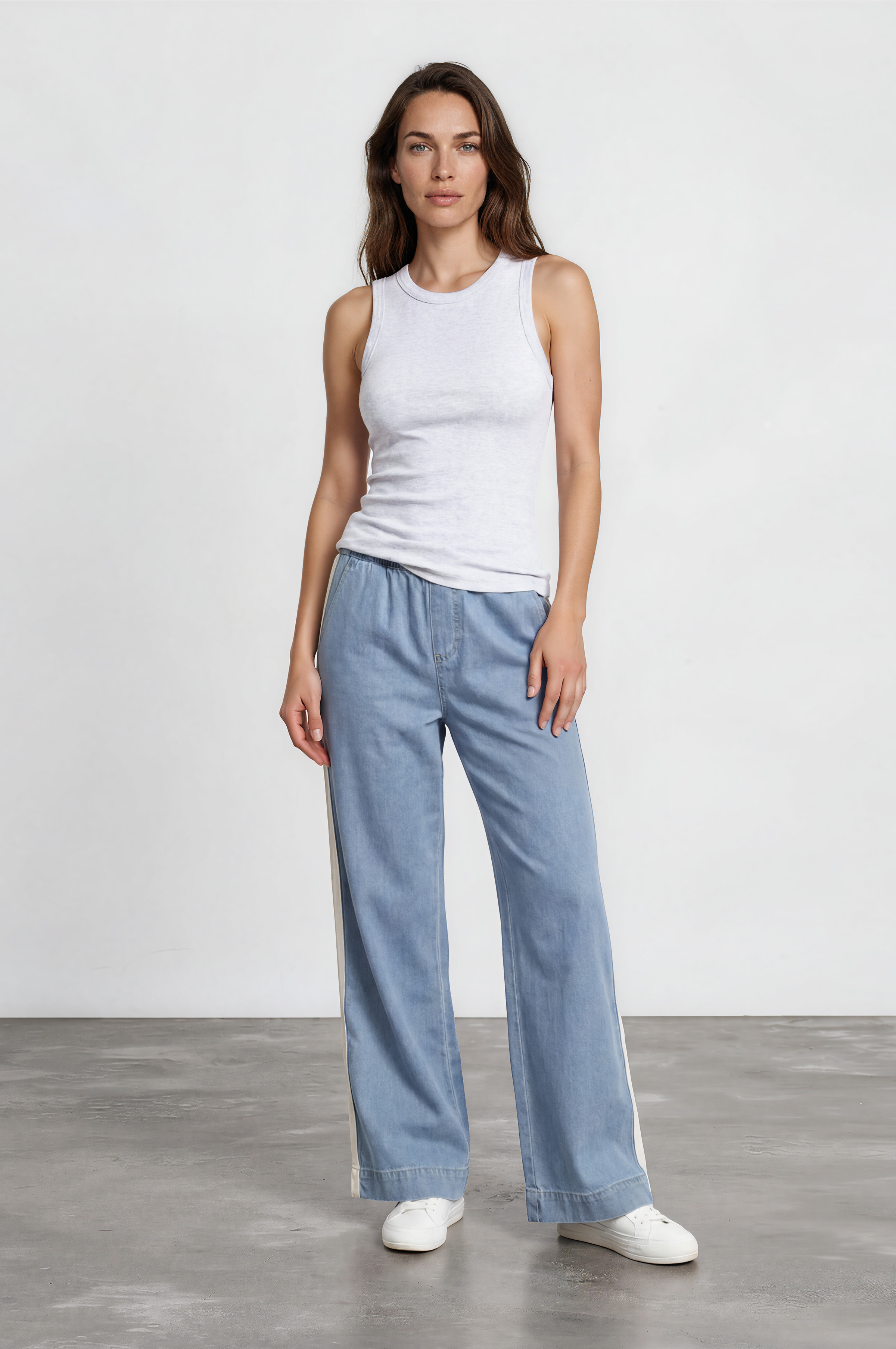 Jakoda Jeans - Elasticated High Waisted Denim Pants with Contrast Stripe in Light Denim