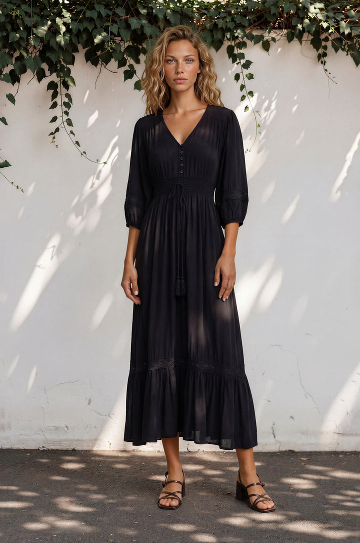 Kiaba Maxi Dress - V-Neck Buttoned Bodice 3/4 Sleeve A-Line Dress with Lace Inserts in Black