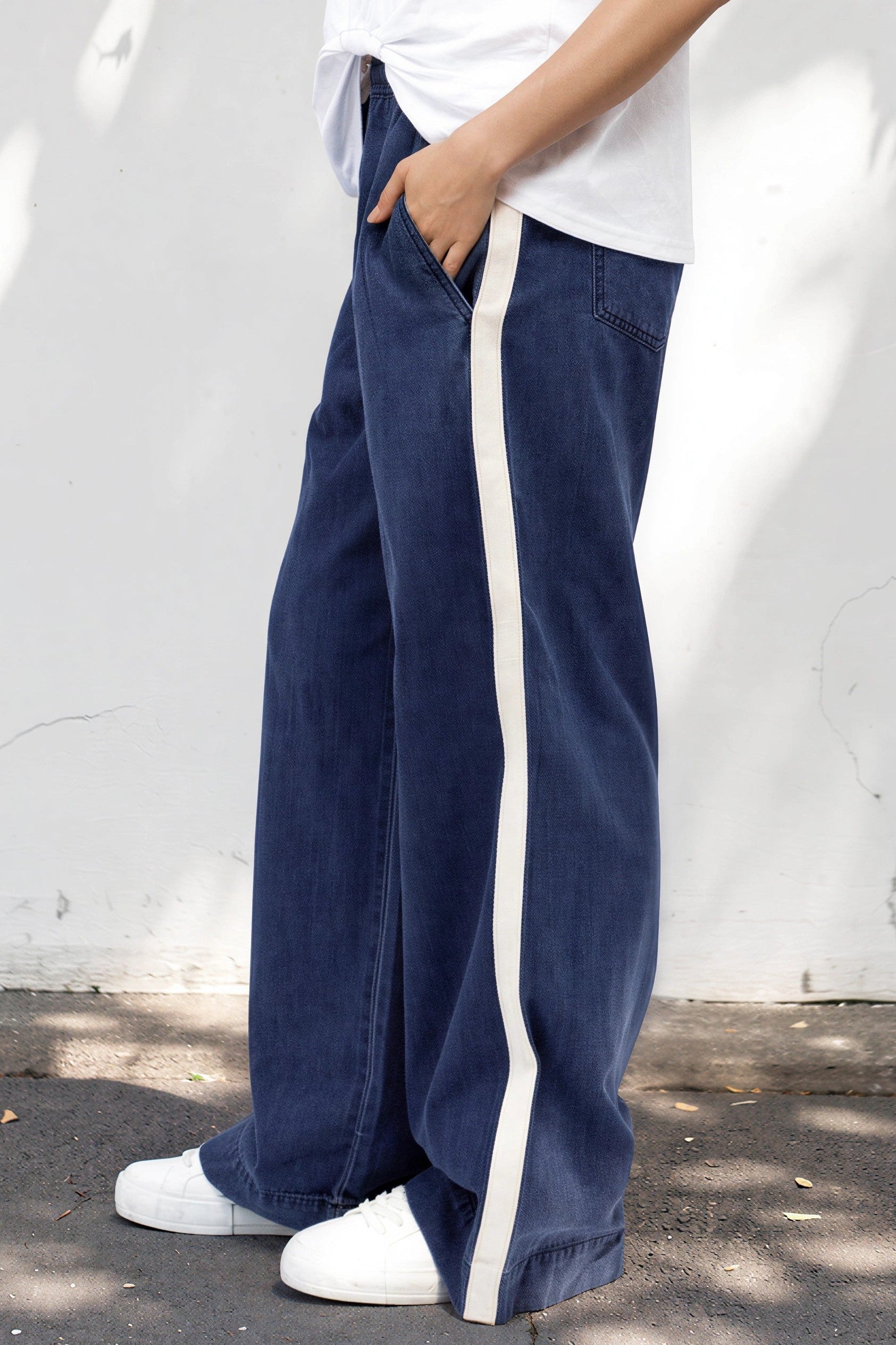 Jakoda Jeans - Elasticated High Waisted Denim Pants with Contrast Stripe in Dark Denim