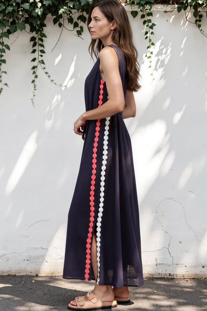 Amali Maxi Dress - Scoop Neck Shift Dress with Waist Tie and Playful Contrast Stripes in Navy